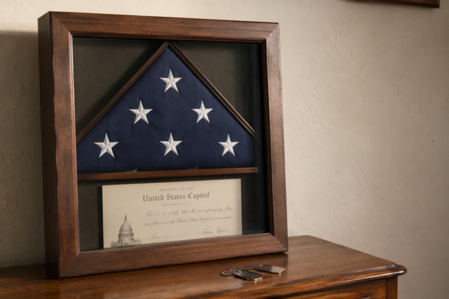 A military shadow box containing a folded American flag and a United States Capitol certificate, resting on a dresser beside dog tags