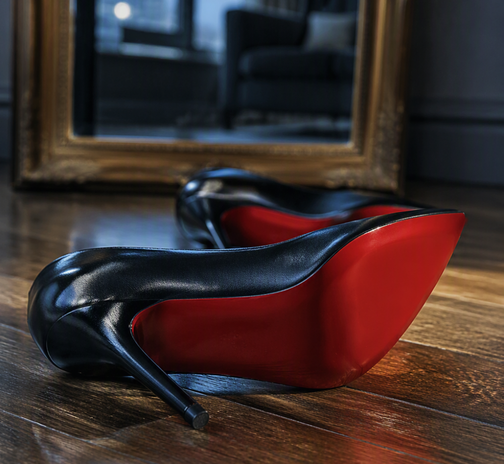 A single red-soled heel, sole turned up — the tell she hasn’t earned yet