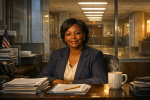 Pat King, Executive Assistant to VA's senior IT director, at her desk in VA Central Office headquarters — early morning, before the building wakes up.
